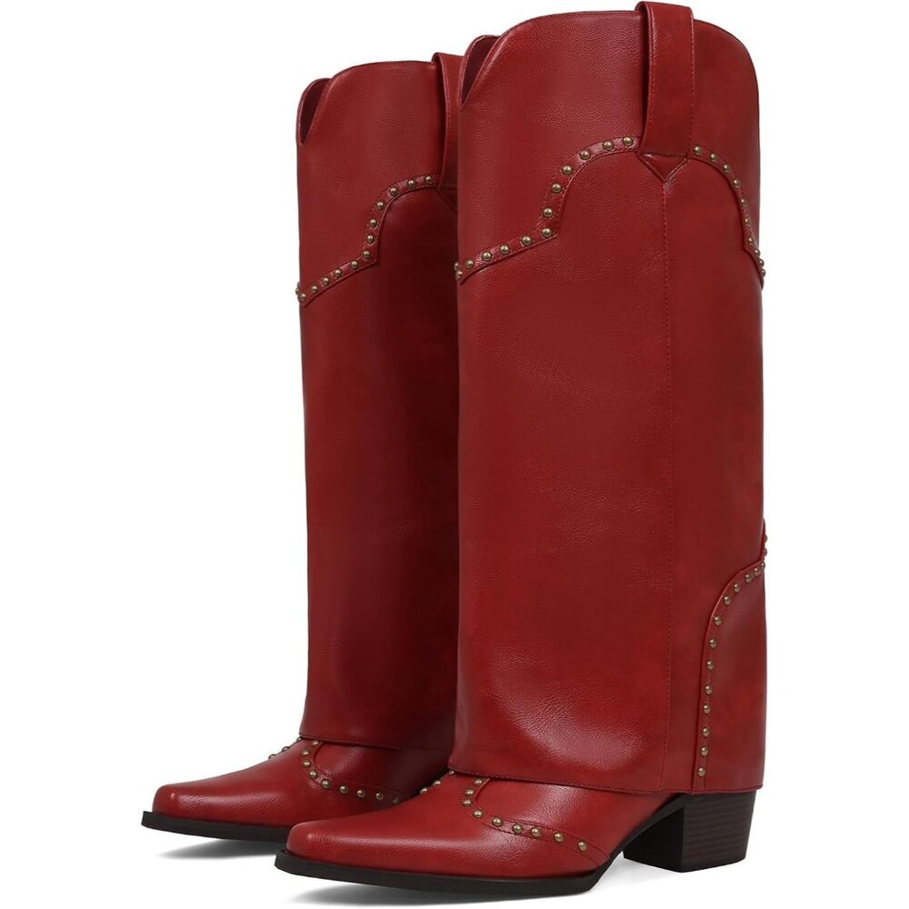 Women's Red  Fold Over Knee High Snip Toe Cowboy Boots Chunky Heel Classic